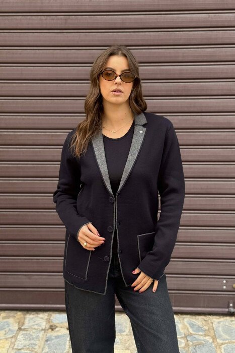 SIMPLE BUTTONED POCKETS DETAIL WOMEN CARDIGAN DARK BLUE/BEE - 2