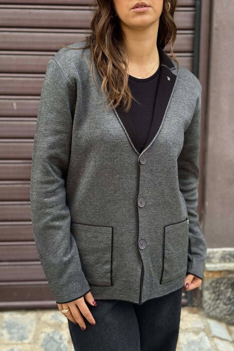 SIMPLE BUTTONED POCKETS DETAIL WOMEN CARDIGAN DARK GREY/GEE - 4