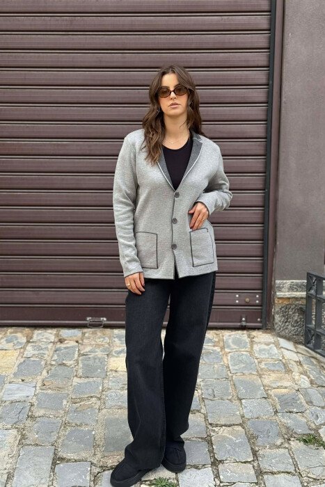 SIMPLE BUTTONED POCKETS DETAIL WOMEN CARDIGAN GREY/GRI 