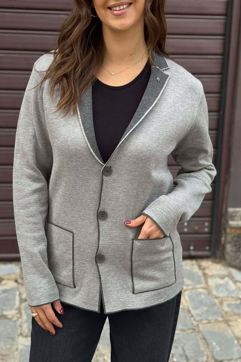 SIMPLE BUTTONED POCKETS DETAIL WOMEN CARDIGAN GREY/GRI - 3