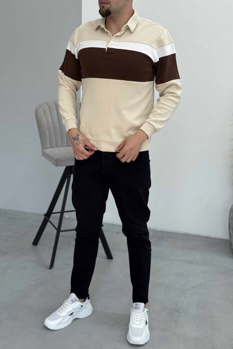 SIMPLE BUTTONED POLO NECK MEN SWEATSHIRT BEIGE/BEZHE - 1