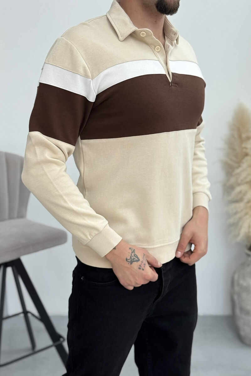 SIMPLE BUTTONED POLO NECK MEN SWEATSHIRT BEIGE/BEZHE - 2