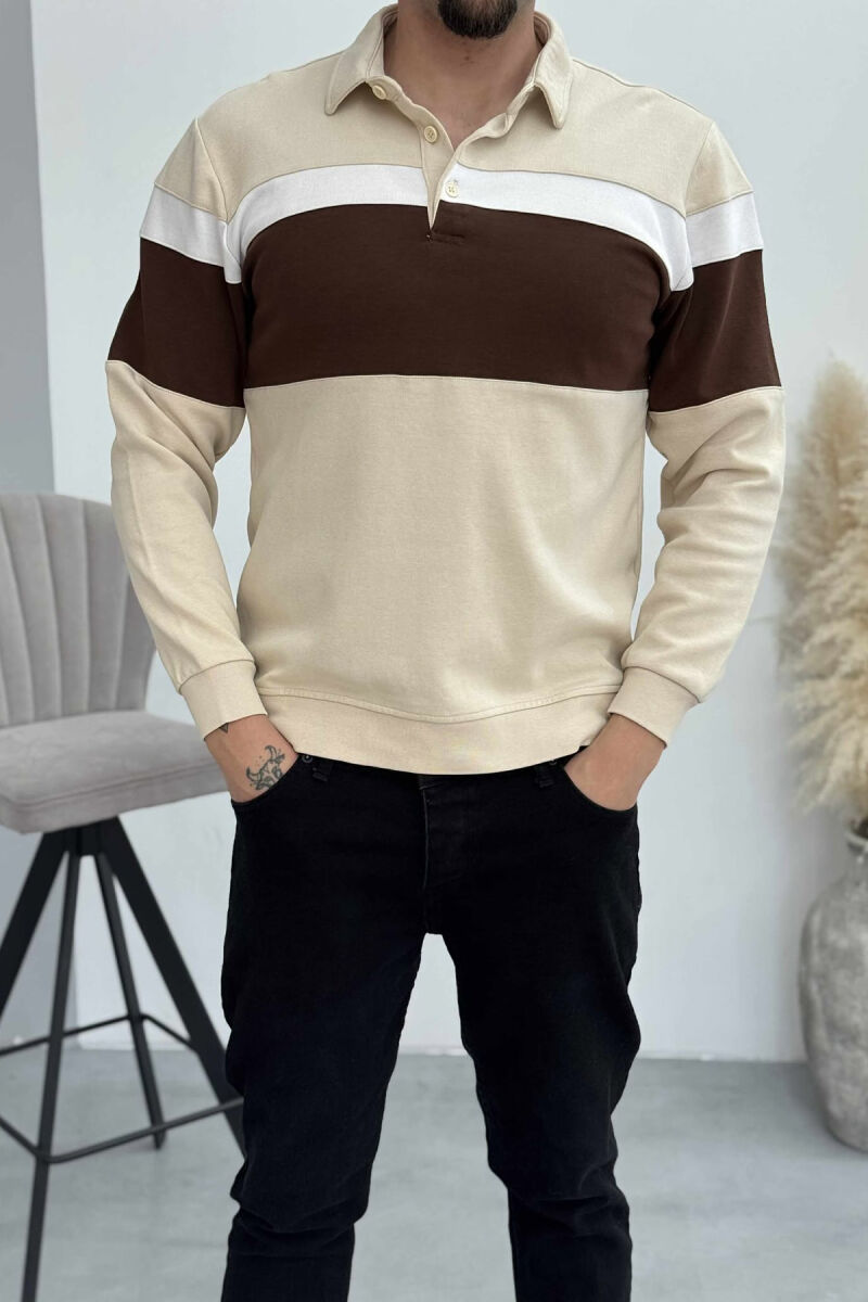 SIMPLE BUTTONED POLO NECK MEN SWEATSHIRT BEIGE/BEZHE - 4