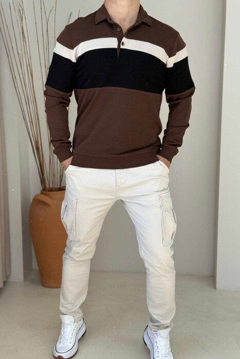 TRIKO E THJESHTË ME JAKË POLO DHE BUTONA PËR MESHKUJ NË NGJYRË KAFE - KLAUDIO FASHION
