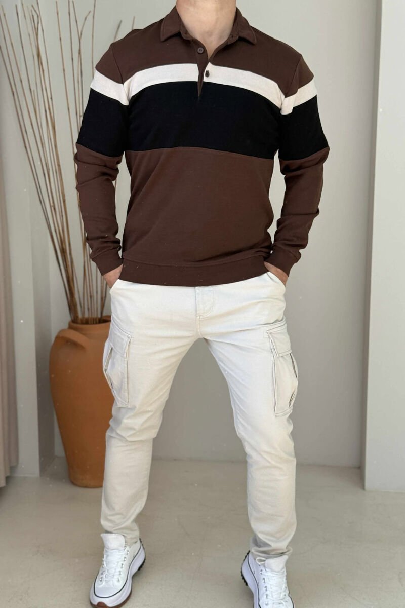 SIMPLE BUTTONED POLO NECK MEN SWEATSHIRT BROWN/KAFE - 1