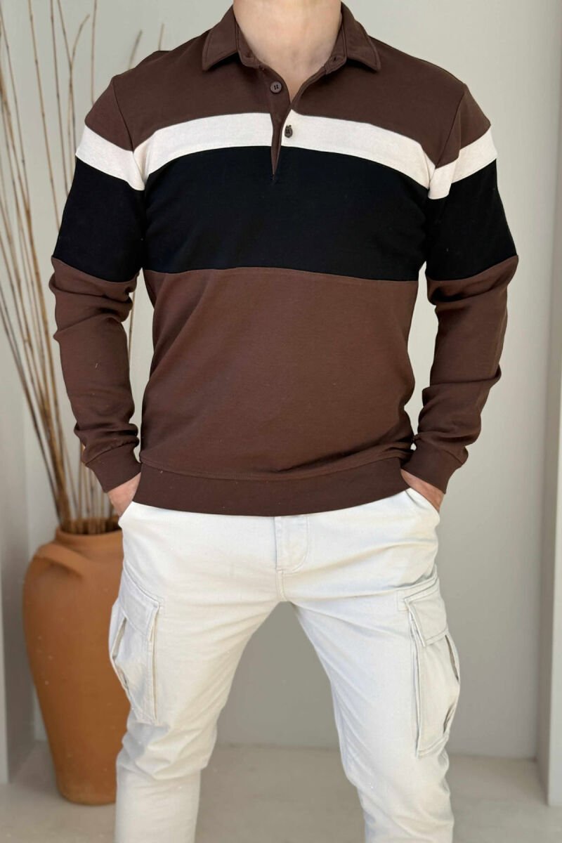 SIMPLE BUTTONED POLO NECK MEN SWEATSHIRT BROWN/KAFE - 3