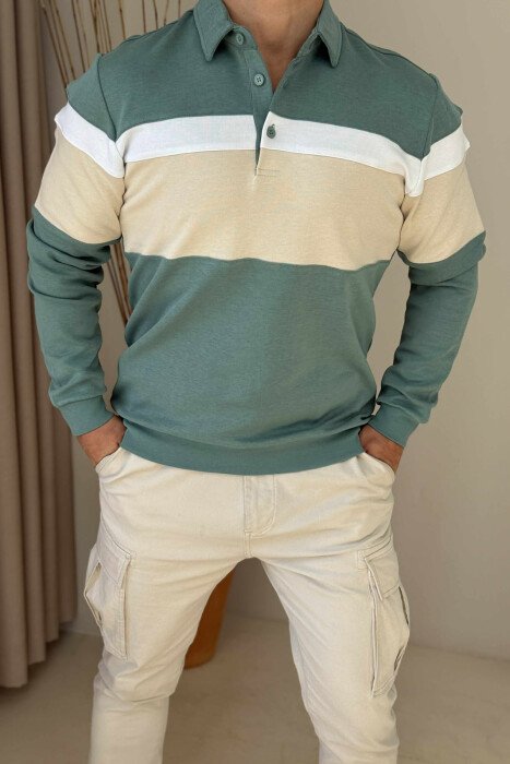 SIMPLE BUTTONED POLO NECK MEN SWEATSHIRT MINT/MENTE - 3