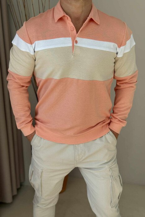 SIMPLE BUTTONED POLO NECK MEN SWEATSHIRT SALMON/SALMON - 3