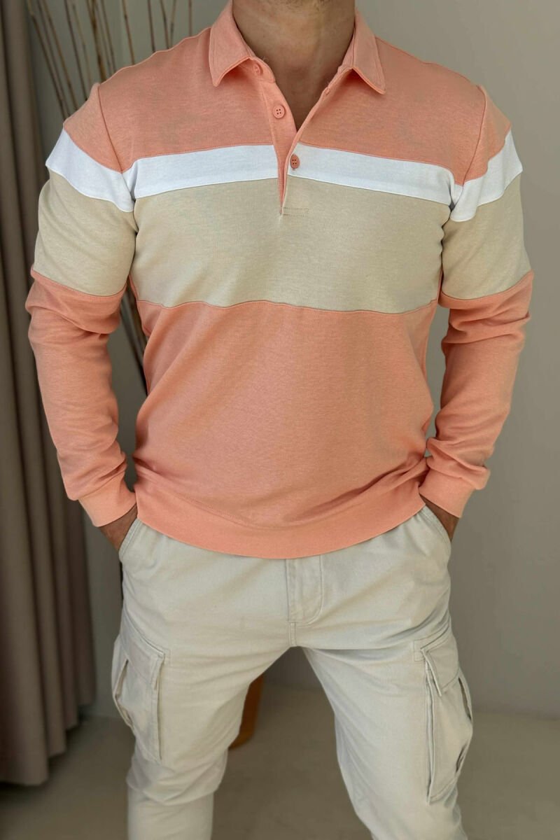 SIMPLE BUTTONED POLO NECK MEN SWEATSHIRT SALMON/SALMON - 3
