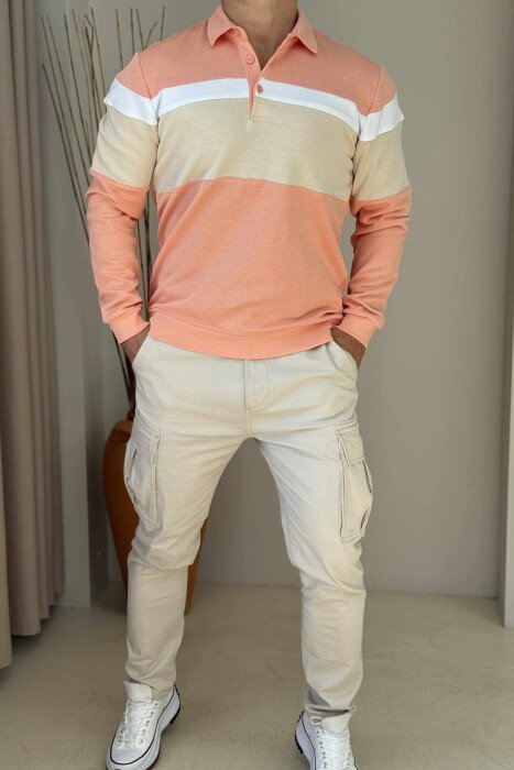 SIMPLE BUTTONED POLO NECK MEN SWEATSHIRT SALMON/SALMON - 1