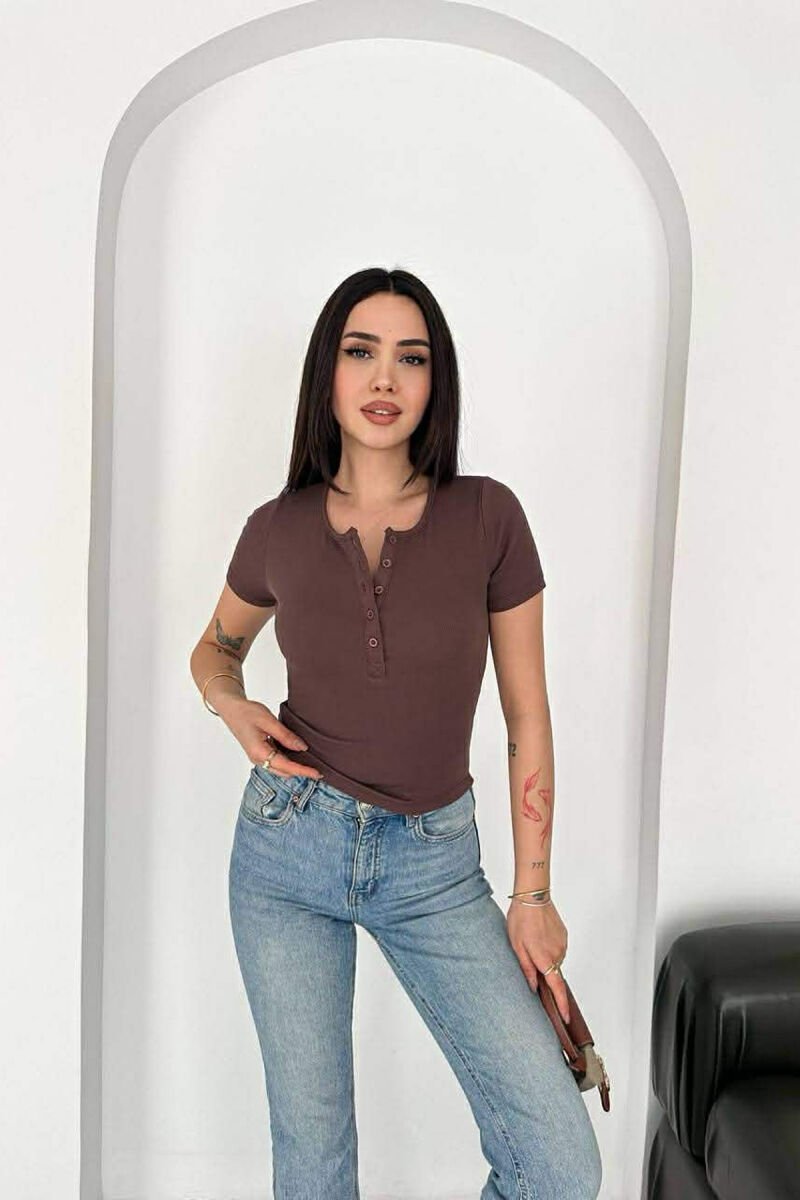 SIMPLE BUTTONS WOMAN T-SHIRT BROWN/KAFE - 1