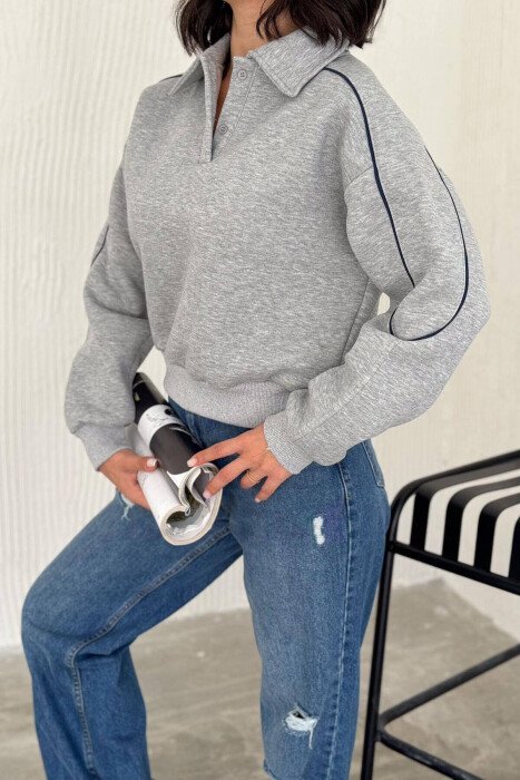 SIMPLE COLLAR WOMEN SWEATSHIRT GREY/GRI - KLAUDIO FASHION
