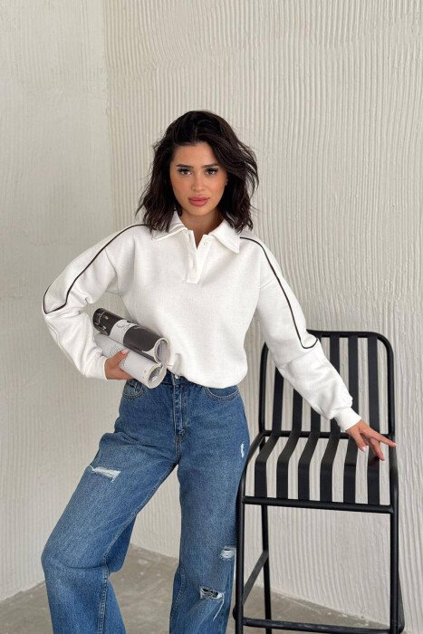 SIMPLE COLLAR WOMEN SWEATSHIRT WHITE-E BARDHE - KLAUDIO FASHION