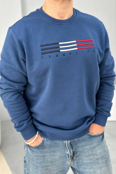 SIMPLE COTTON ONE COLOR MEN SWEATSHIRT DARK BLUE/BEE - KLAUDIO FASHION