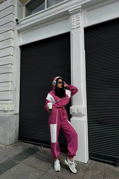 SIMPLE CROPPED HOODIE+JOGGERS WOMEN SET FUCHSIA/CIKLAMI 