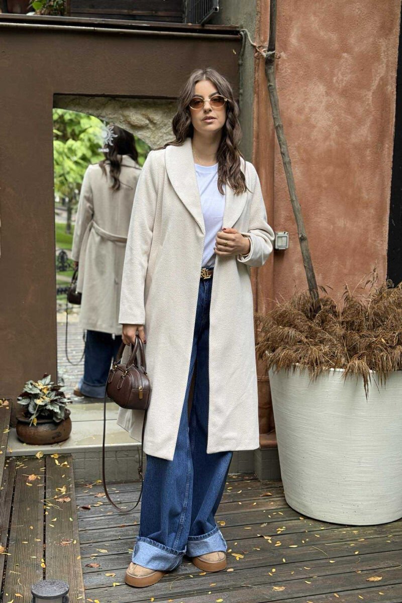 SIMPLE DESIGN LONG WOMEN COAT CREAM/KREM - 1