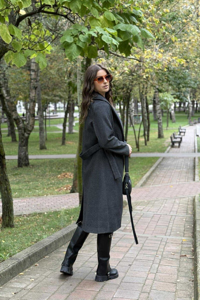 SIMPLE DESIGN LONG WOMEN COAT DARK GREY/GEE - 3