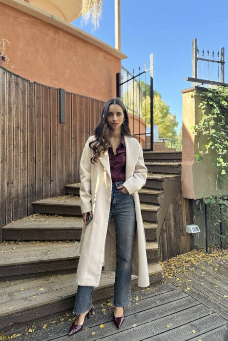 SIMPLE DESIGN LONG WOMEN COAT LIGHT BEIGE/BZHZB 