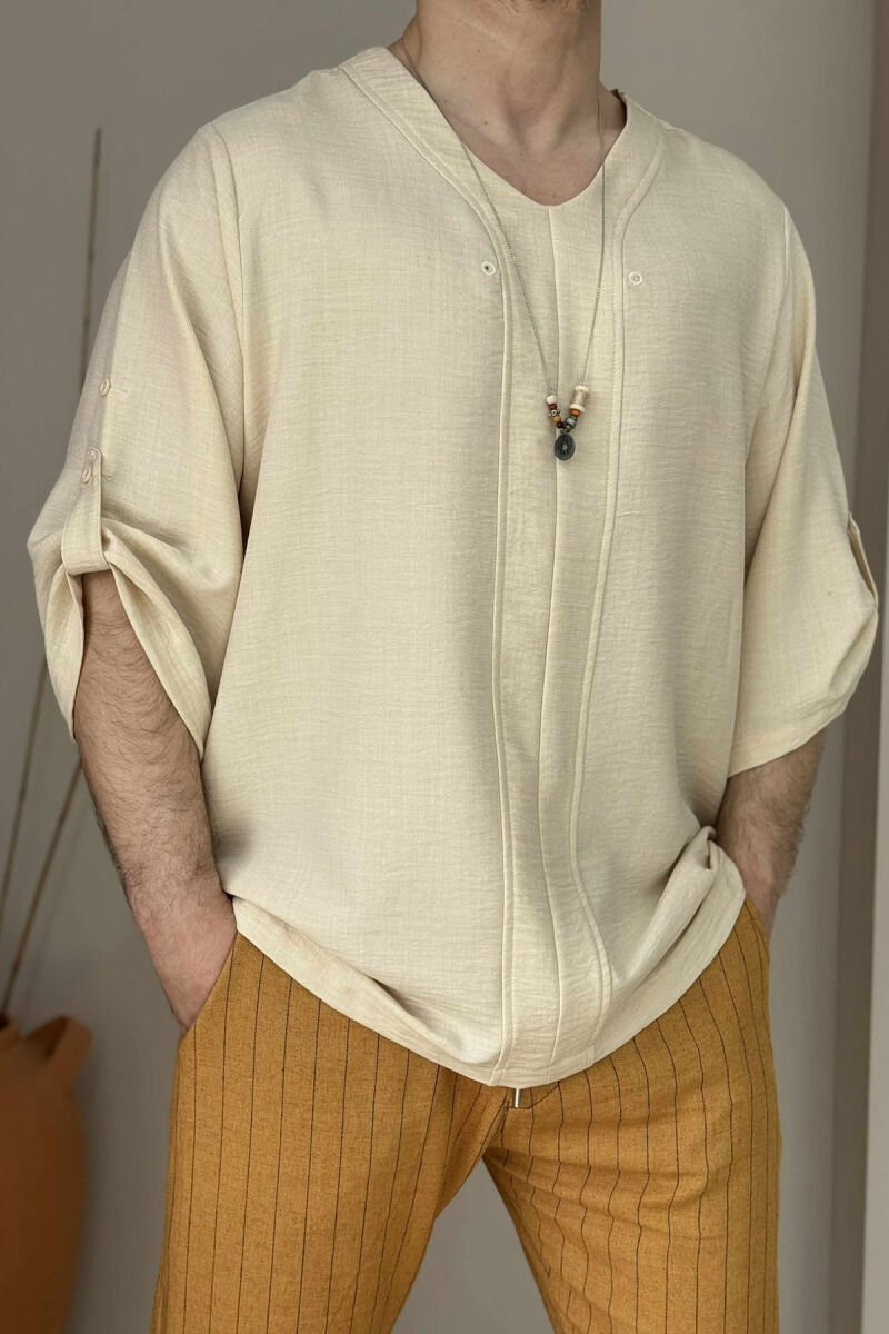 SIMPLE DESIGN ONE COLOR MEN T-SHIRT CREAM/KREM - 3