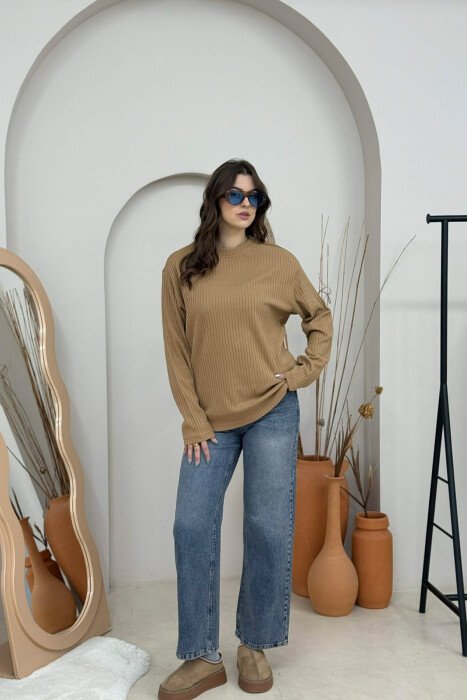 SIMPLE DESIGN ROUND NECK WOMEN SWEATER BROWN/KAFE - KLAUDIO FASHION