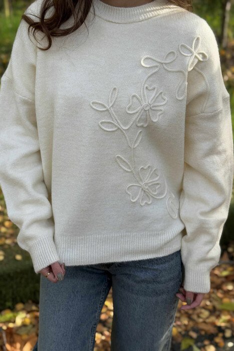 SIMPLE DESIGN ROUND NECK WOMEN SWEATER CREAM/KREM - 2