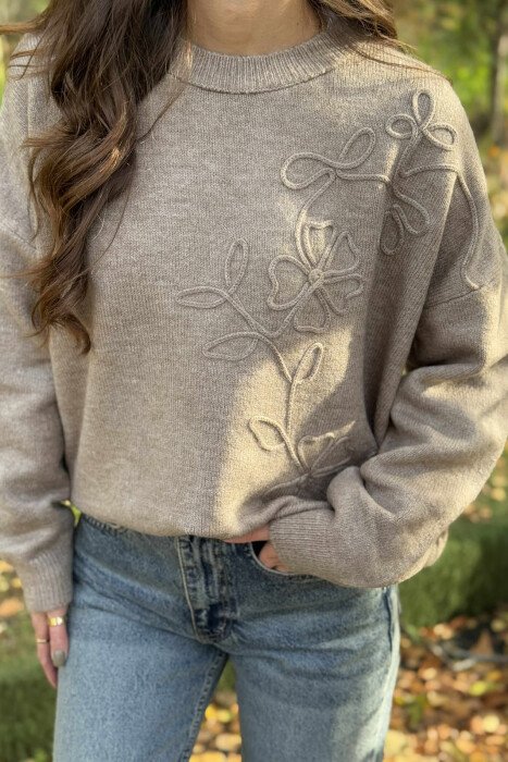 SIMPLE DESIGN ROUND NECK WOMEN SWEATER DARK BEIGE/BEZHE ERRET - 2