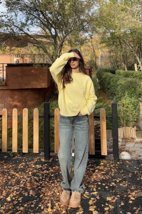 SIMPLE DESIGN ROUND NECK WOMEN SWEATER YELLOW/E VERDHE - 2