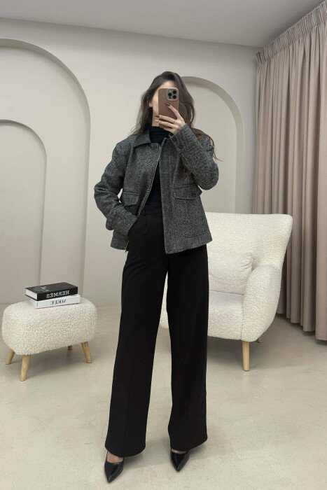 SIMPLE DESIGNED FRONT POCKETS WOMEN JACKET BLACK-WHITE/ZEBA - 2