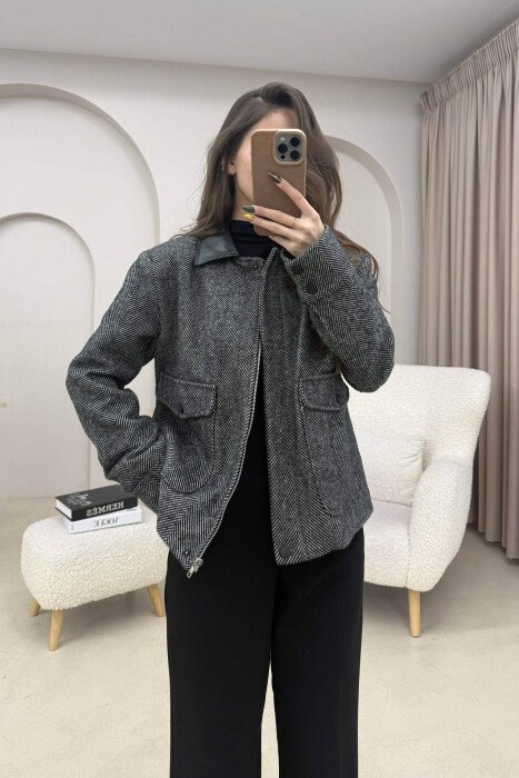 SIMPLE DESIGNED FRONT POCKETS WOMEN JACKET BLACK-WHITE/ZEBA - 1