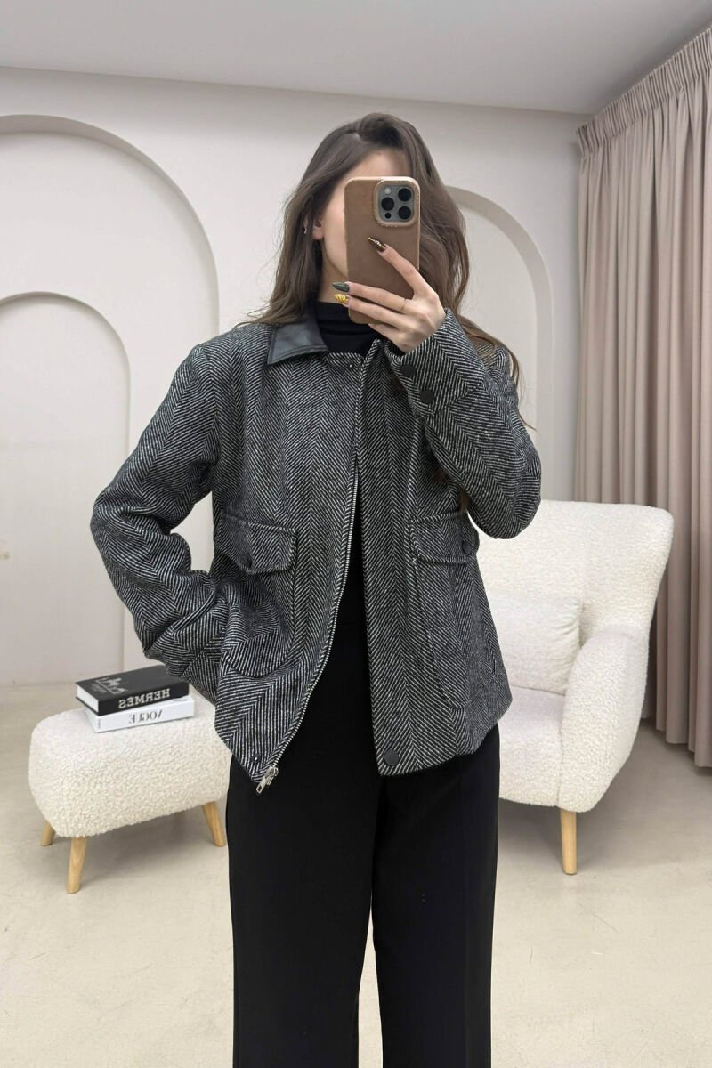 SIMPLE DESIGNED FRONT POCKETS WOMEN JACKET BLACK-WHITE/ZEBA - 1