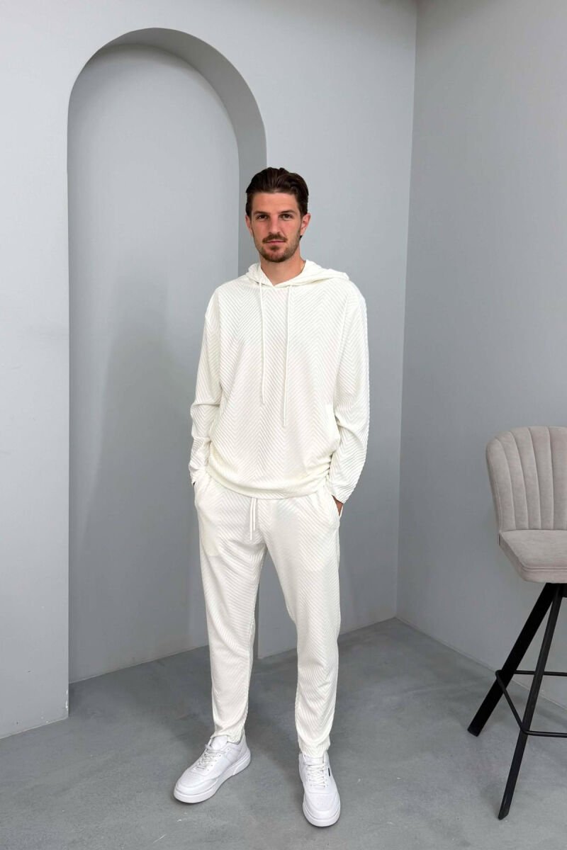 SIMPLE DESIGNED HOODIE+PANTS MEN SET WHITE-E BARDHE - 1