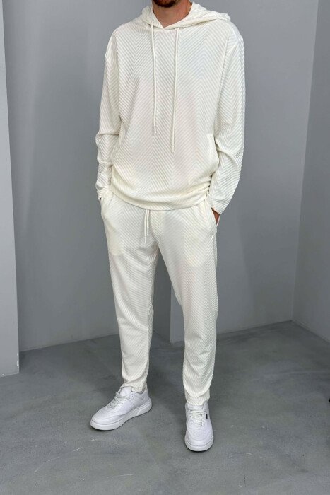SIMPLE DESIGNED HOODIE+PANTS MEN SET WHITE-E BARDHE - 2