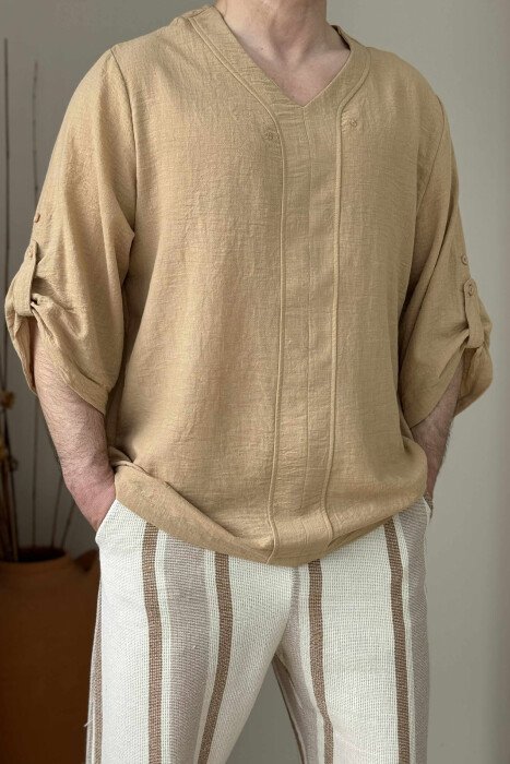 SIMPLE DESIGNED MEN T-SHIRT BROWN/KAFE - 3