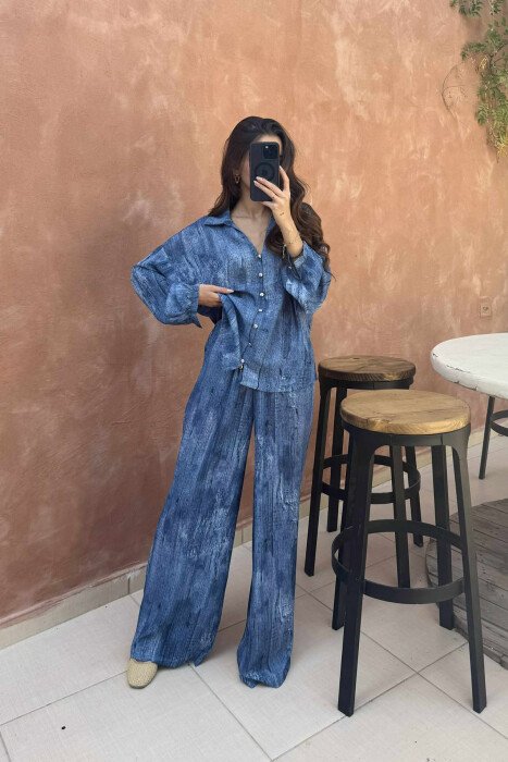 SIMPLE DESIGNED SHIRT+TROUSERS WOMEN SET BLUE/BLU - 1