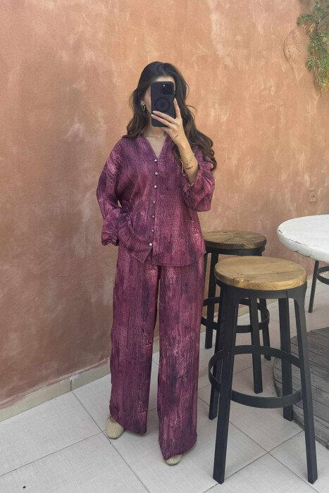 SIMPLE DESIGNED SHIRT+TROUSERS WOMEN SET BURGUNDY/VISHNJE - 2
