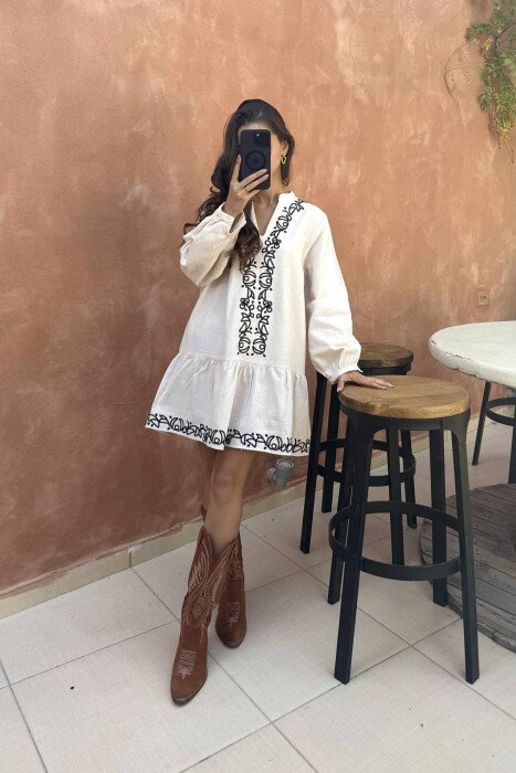 SIMPLE DESIGNS LONG SLEEVES SHORT WOMEN DRESS CREAM/KREM - 1
