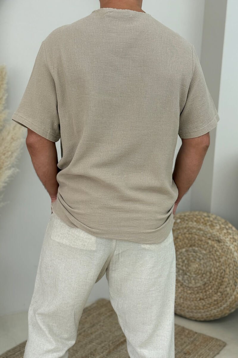 SIMPLE DETAILED MEN T-SHIRT LIGHT BROWN/KAZB - 2