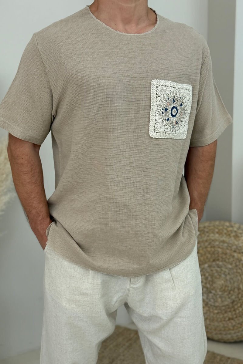 SIMPLE DETAILED MEN T-SHIRT LIGHT BROWN/KAZB - 4