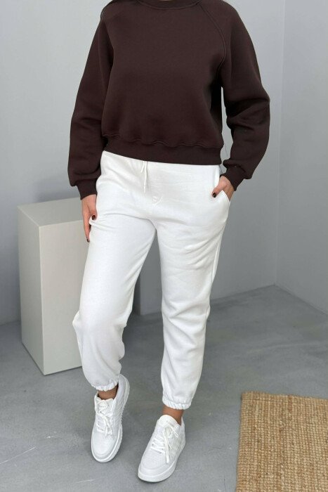 SIMPLE ELASTIC WAIST LACINGS FLUFFY WOMEN JOGGERS WHITE-E BARDHE - KLAUDIO FASHION
