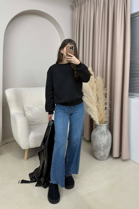 SIMPLE FLUFFY ONE COLOR COTTON WOMAN SWEATSHIRT BLACK/ E ZEZE 