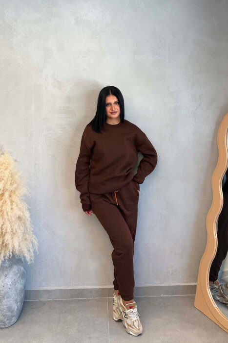 SIMPLE FLUFFY SWEATSHIRT + JOGGERS WOMAN SET BROWN/KAFE - 5