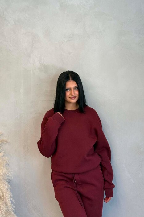 SIMPLE FLUFFY SWEATSHIRT + JOGGERS WOMAN SET BURGUNDY/VISHNJE - 3