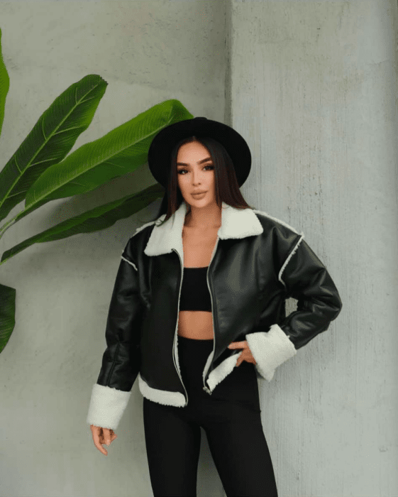 SIMPLE FLUFFY WOMEN JACKET BLACK-WHITE/ZB - KLAUDIO FASHION