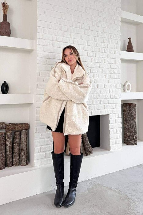 SIMPLE FLUFFY WOMEN JACKET CREAM/KREM - 5