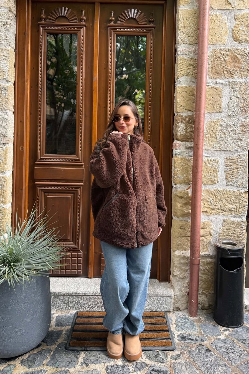 SIMPLE FLUFFY WOMEN JACKET DARK BROWN/KAE - 5