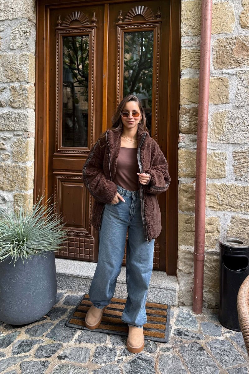 SIMPLE FLUFFY WOMEN JACKET DARK BROWN/KAE - 3