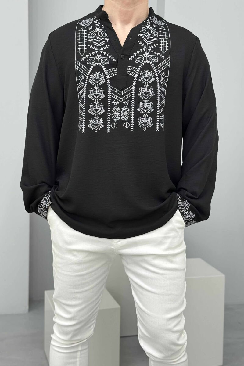 SIMPLE FRONT DESIGN BUTTONED NECK MEN SHIRT BLACK/ E ZEZE - 1