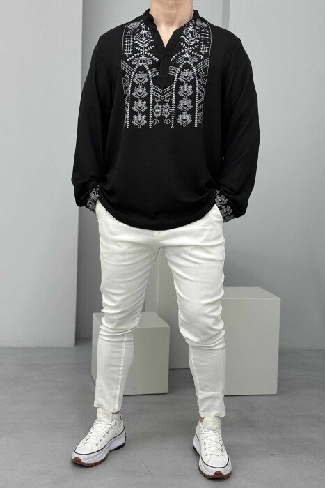 SIMPLE FRONT DESIGN BUTTONED NECK MEN SHIRT BLACK/ E ZEZE - 3