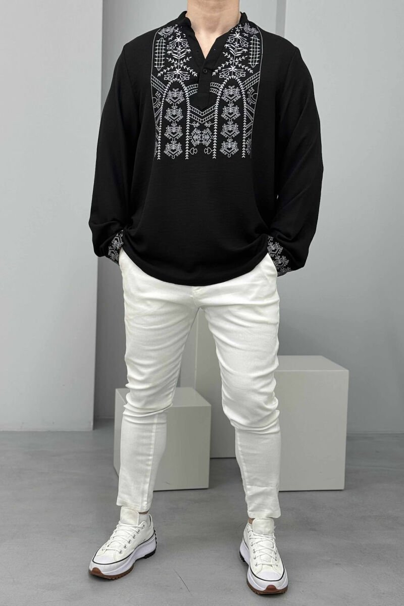 SIMPLE FRONT DESIGN BUTTONED NECK MEN SHIRT BLACK/ E ZEZE - 3