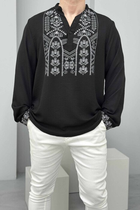 SIMPLE FRONT DESIGN BUTTONED NECK MEN SHIRT BLACK/ E ZEZE 